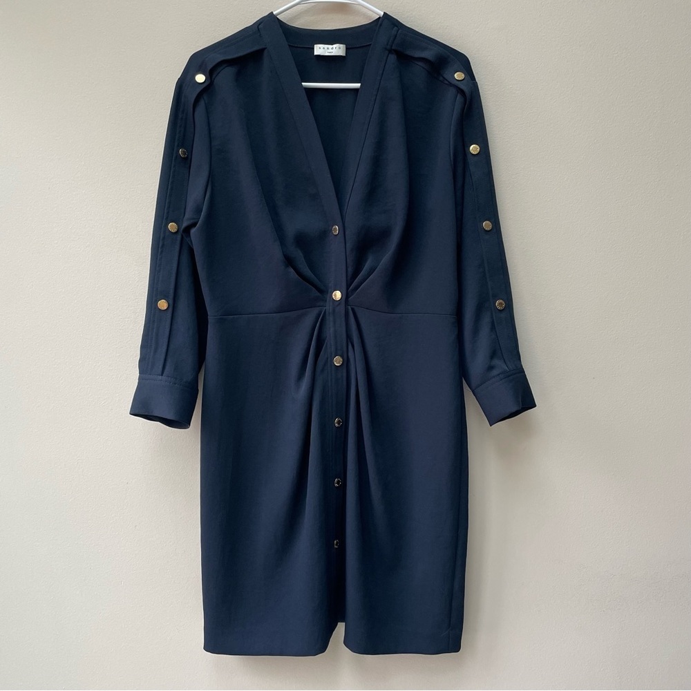 Sandro Paris Karmelia Navy Gold Button Front Sleeve Dress 3/4 Sleeve Size 40 - Picture 4 of 11